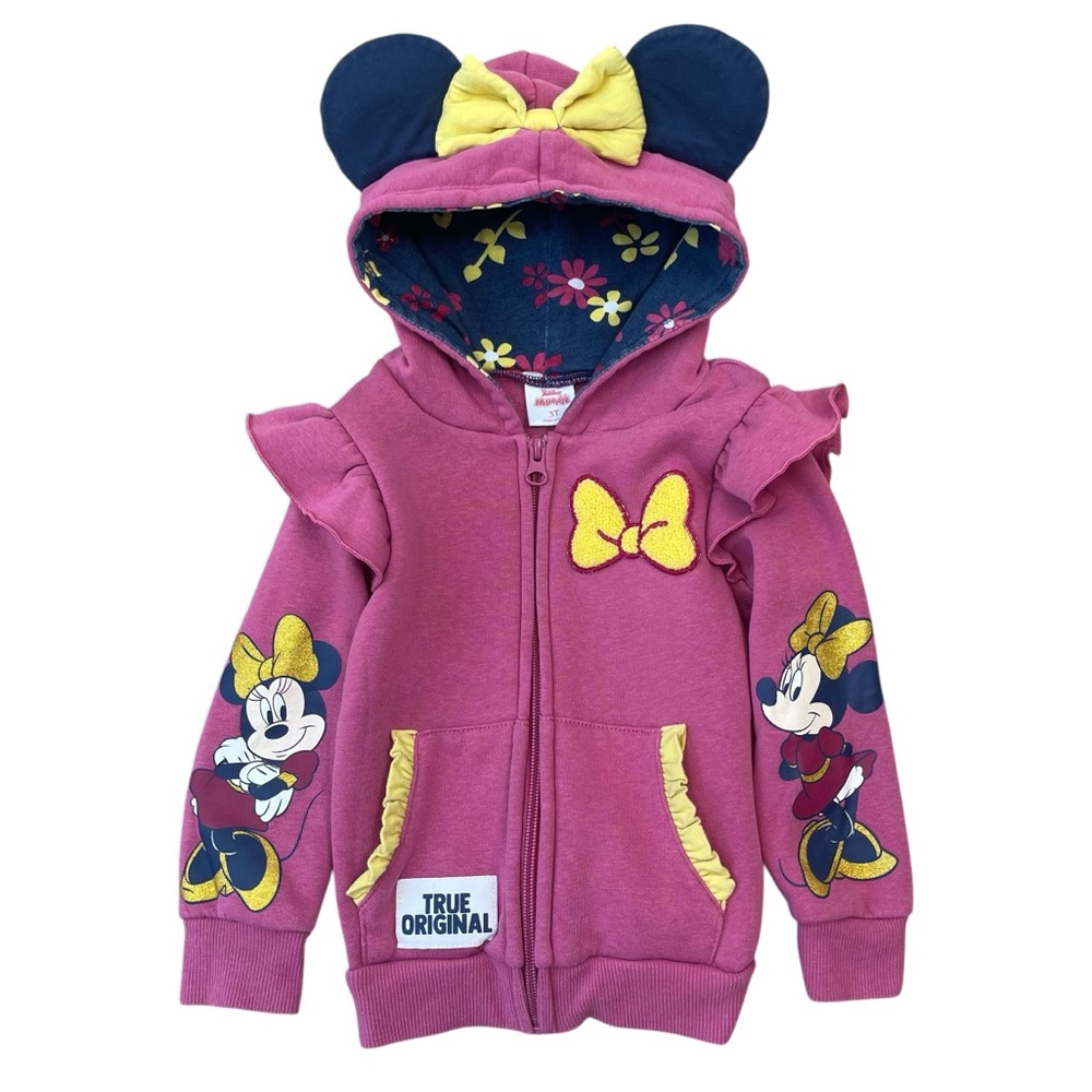 Disney Junior Minnie Mouse Pink Yellow Hoodie Sweater with Mouse Ears Size 3T